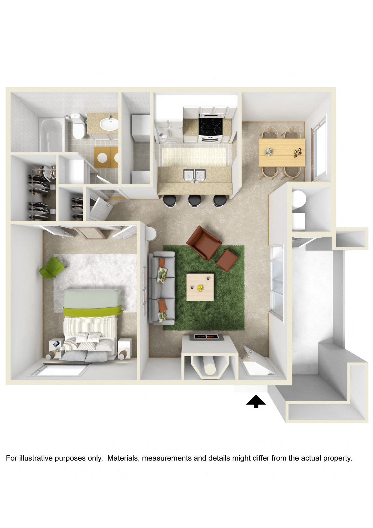 Floor plan for 1 bed, 1 bath, 740 sqft